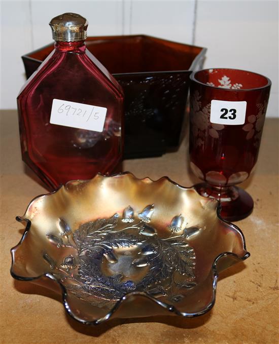 Bohemian cranberry glass flask, a ruby glass goblet and two other items (faults)
